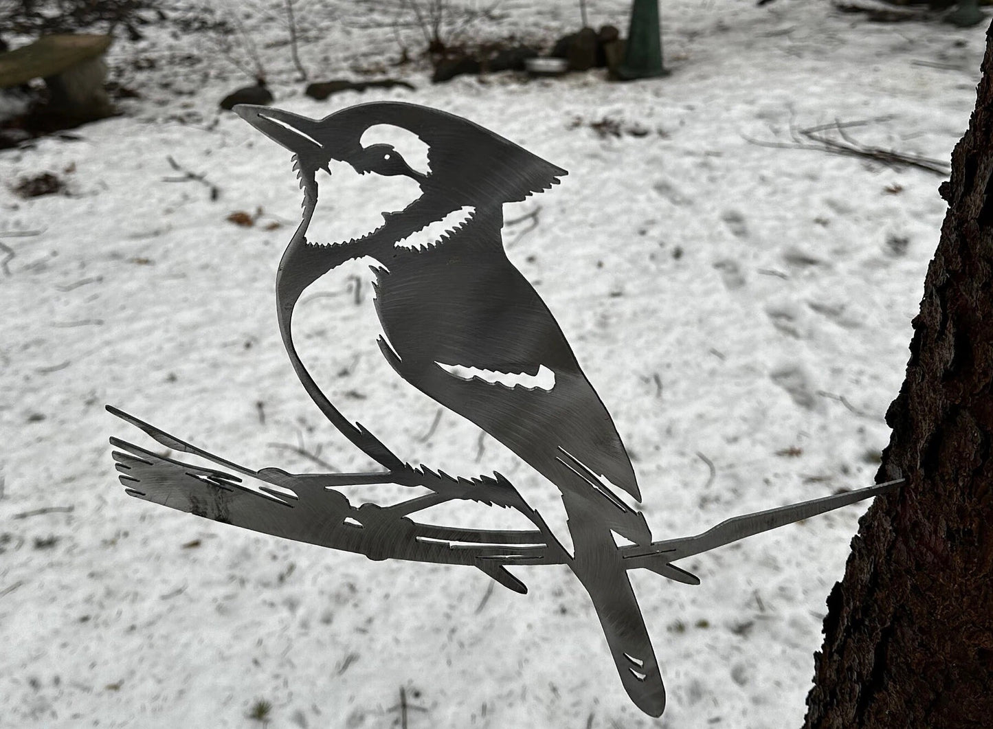 Metal Blue Jay on Hammer in Branch